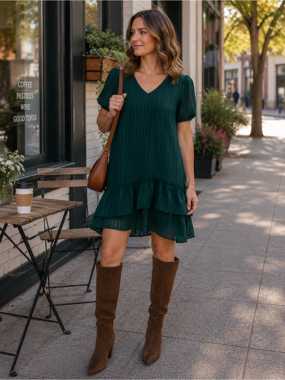 Sadie & Sage Medium Emerald Green Textured Ruffle Hem Mini Dress Puff Sleeve